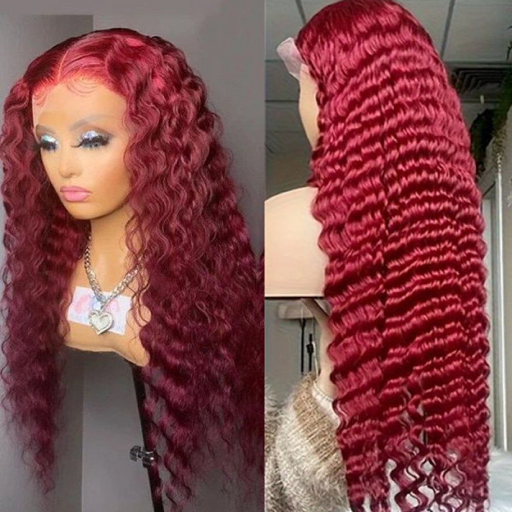 In stock 99j burgundy deep wave 13x4 transparent lace frontal wig 180% density 24'' 26'' 28'' 30''