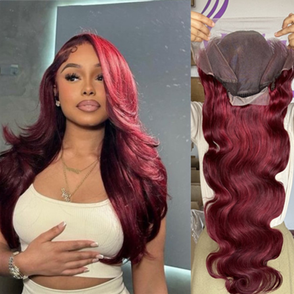 Burgundy body wave 13x6  transparent lace frontal wig 200% density body wave texture 