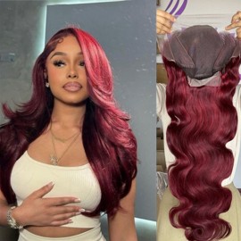 Burgundy body wave 13x6  transparent lace frontal wig 200% density body wave texture