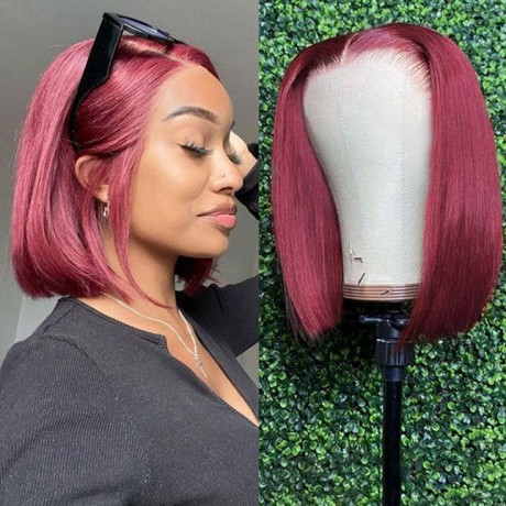 99j burgundy colored silky straight short bob style 13x4 Lace Front Human Hair Wigs LS7302