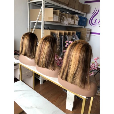 highlights Color Lace Front Human Hair Wigs 13x4 Short BOB Lace Front Wig 180% density Ombre Highlight Colored Wig LS9241