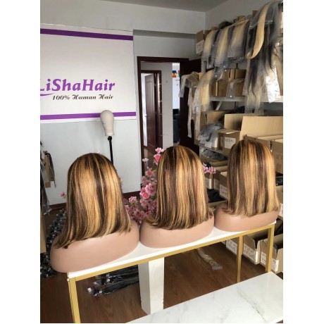 highlights Color Lace Front Human Hair Wigs 13x4 Short BOB Lace Front Wig 180% density Ombre Highlight Colored Wig LS9241