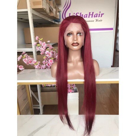 180% density  Pre Plucked Brazilian Human Virgin Hair  burgundy silky straight 13x4 transparent lace front wigs