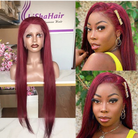 180% density  Pre Plucked Brazilian Human Virgin Hair  burgundy silky straight 13x4 transparent lace front wigs