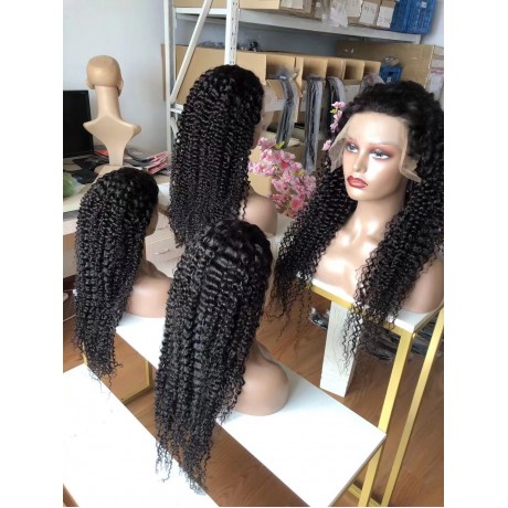 Deep curly virgin human hair Pre Plucked Glueless transparent Lace Front Human Hair Wig with baby hair 180% density