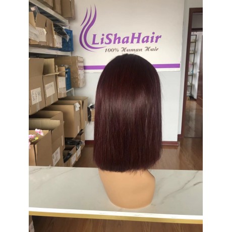 99j burgundy colored silky straight short bob style 13x4 Lace Front Human Hair Wigs LS7302