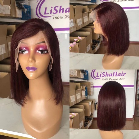 Dark 99j colored silky straight short bob style Lace Front Human Hair Wigs LS7302