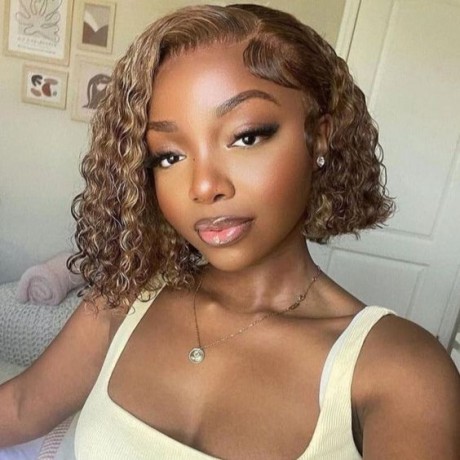 highlights colored human hair bob lace front wig 180% density 