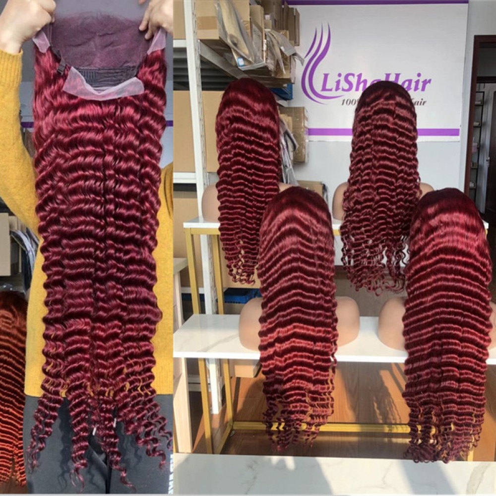30inch burgundy deep wave 13x4 transparent Lace Front Human Hair Wigs Pre Plucked with baby hair 30inch burgundy deep wave 13x4 transparent Lace Front Human Hair Wigs Pre Plucked with baby hair
