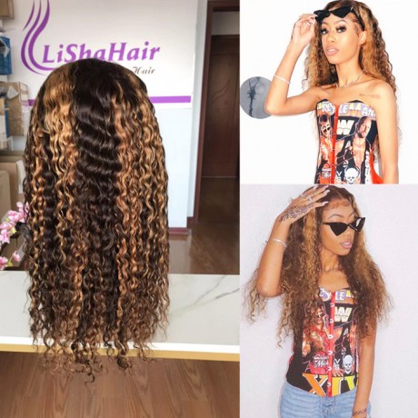 4 27 Highlights colored Human Hair transparent Lace Front Wigs  180% density deep curly hair Texture