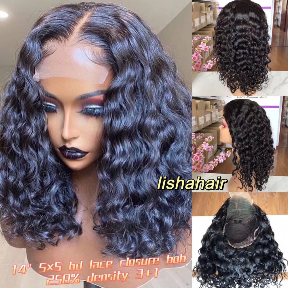 Natural water wave 5x5 HD lace closure natural wave hair bob wig Pre Plucked 14inch 250% density Natural water wave 5x5 HD lace closure natural wave hair bob wig Pre Plucked 14inch 250% density