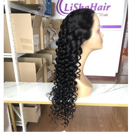 Loose wave Virgin Indian Human hair transparent lace frontal wig 180% density