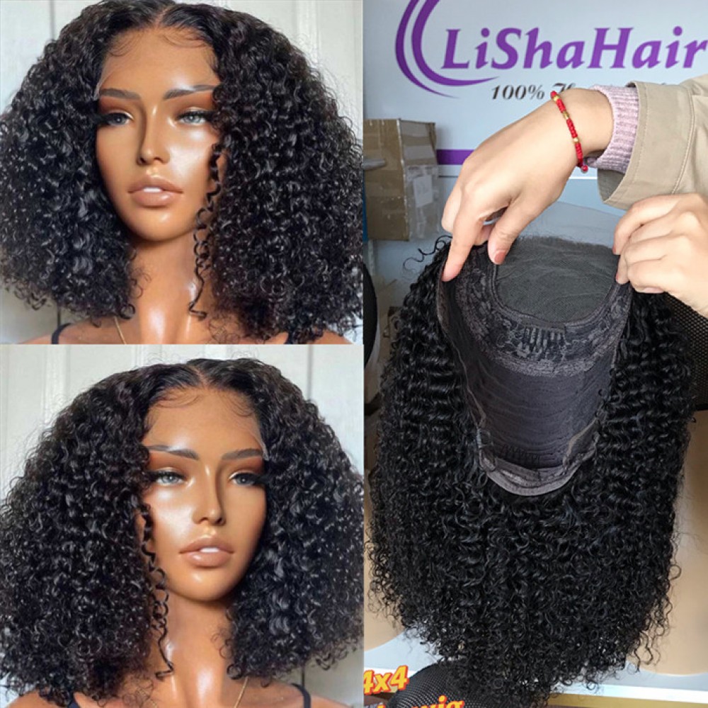 200% density curly Bob Virgin Human Hair 4X4 transparent Lace Closure Wig 14inch long 200% density curly Bob Virgin Human Hair 4X4 transparent Lace Closure Wig 14inch long