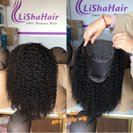 200% density curly Bob Virgin Human Hair 4X4 transparent Lace Closure Wig 14inch long