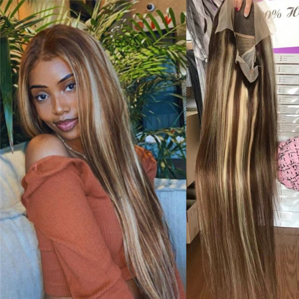 Balayage highlights colored Wigs 8/613 color silky straight Brazilian virgin human hair 150% density 24inch Balayage highlights colored Wigs 8/613 color silky straight Brazilian virgin human hair 150% density 24inch