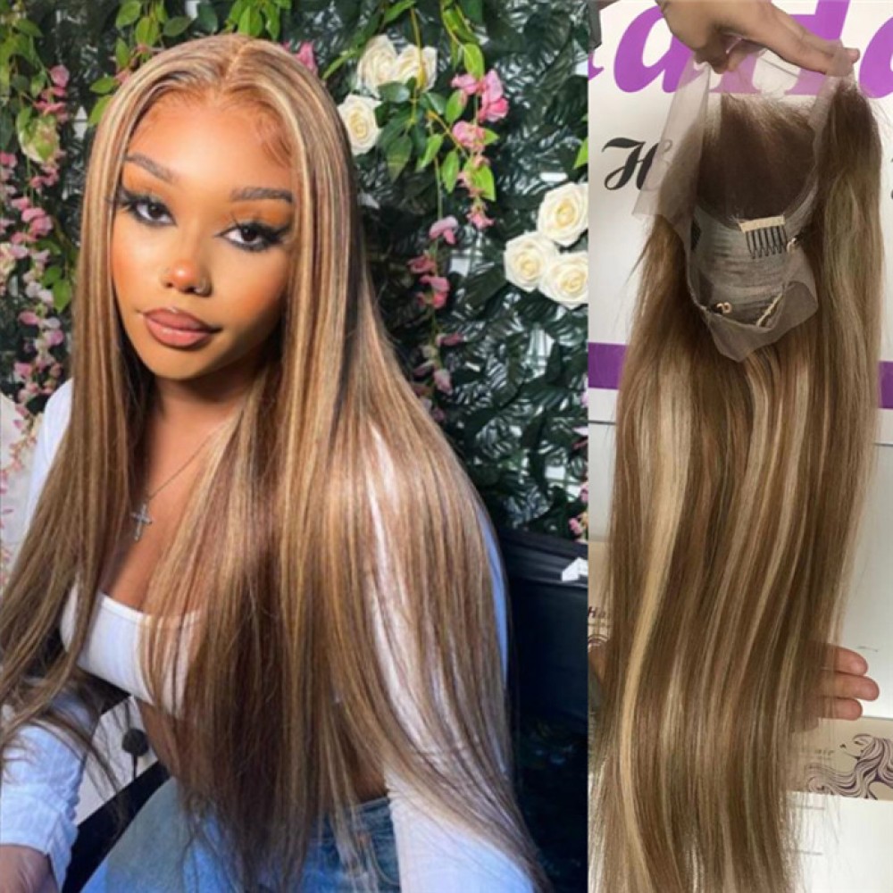 Balayage highlights colored Wigs 8/613 color silky straight Brazilian virgin human hair 150% density 24inch Balayage highlights colored Wigs 8/613 color silky straight Brazilian virgin human hair 150% density 24inch