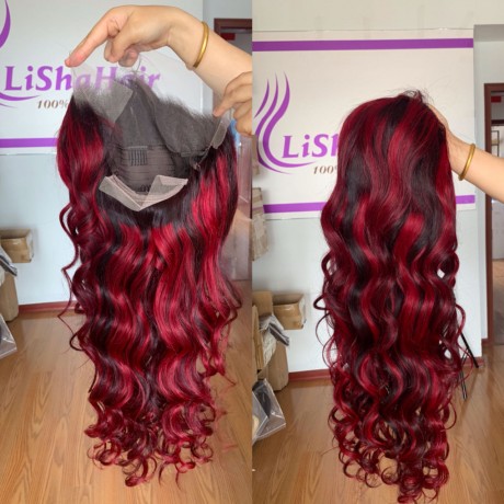 1b burgundy  Highlight Body Wave 13x4 transparent Lace Frontal Wig virgin human hair 