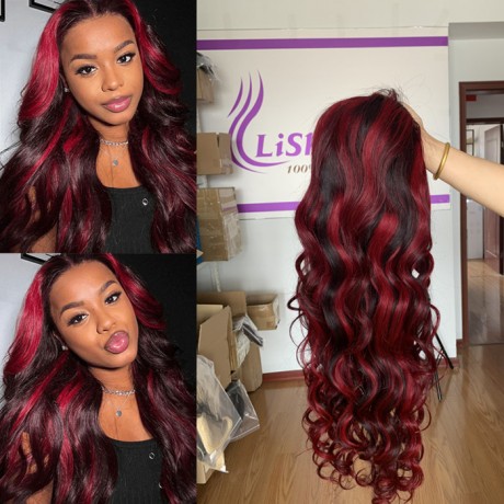 1b burgundy  Highlight Body Wave 13x4 transparent Lace Frontal Wig virgin human hair 