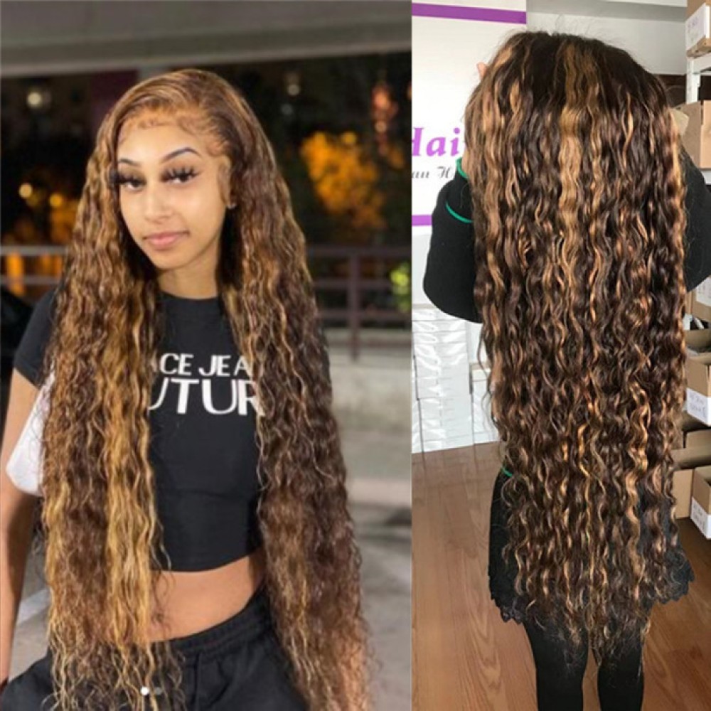 4 27 highlights water wave Human Hair Wig Brazilian transparent Lace front Wigs For Black Women 180% density 4 27 highlights water wave Human Hair Wig Brazilian transparent Lace front Wigs For Black Women 180% density