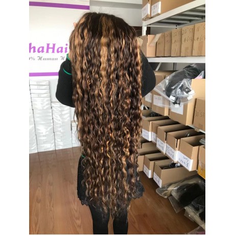 4 27 highlights water wave Human Hair Wig Brazilian transparent Lace front Wigs For Black Women 180% density
