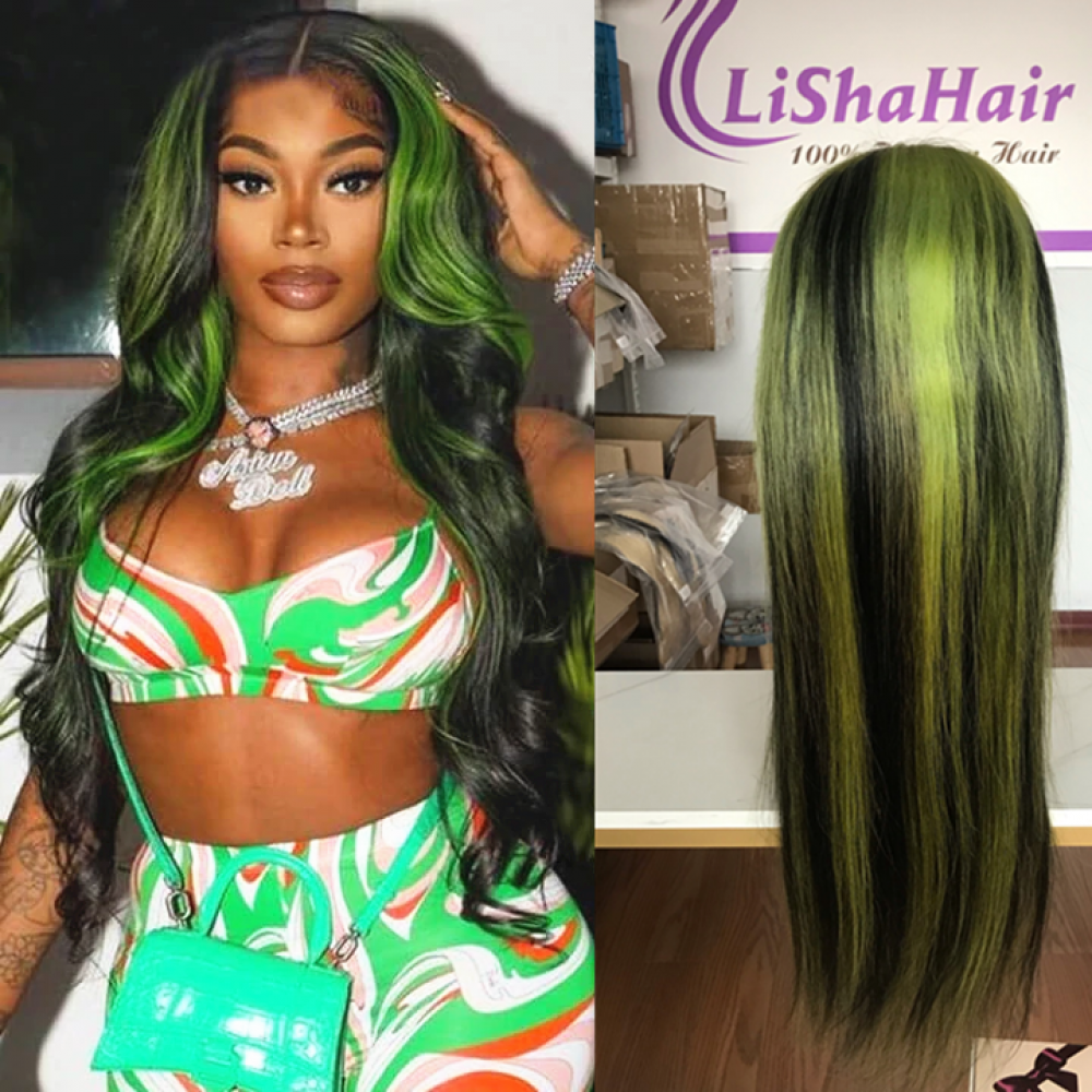 1b green highlights silky straight virgin human hair glueless lace front wig pre plucked hairline