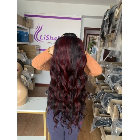 1b burgundy Highlights colored Human Hair 5x5 transparent Lace closure Wig 180% density