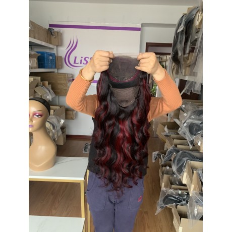 1b burgundy Highlights colored Human Hair 5x5 transparent Lace closure Wig 180% density
