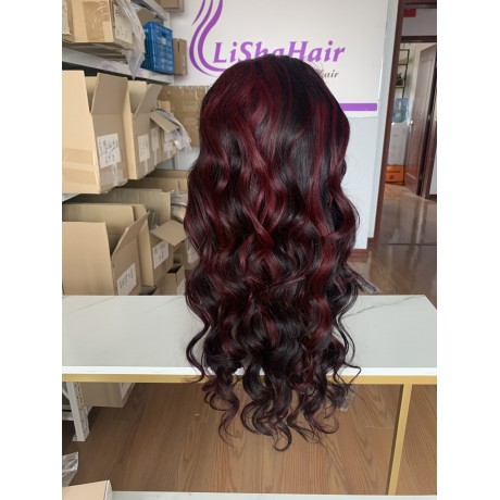 1b burgundy Highlights colored Human Hair 5x5 transparent Lace closure Wig 180% density