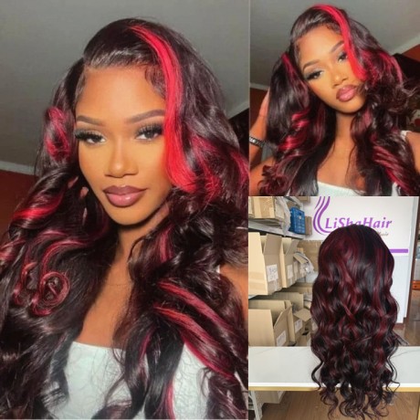 1b burgundy Highlights colored Human Hair 5x5 transparent Lace closure Wig 180% density