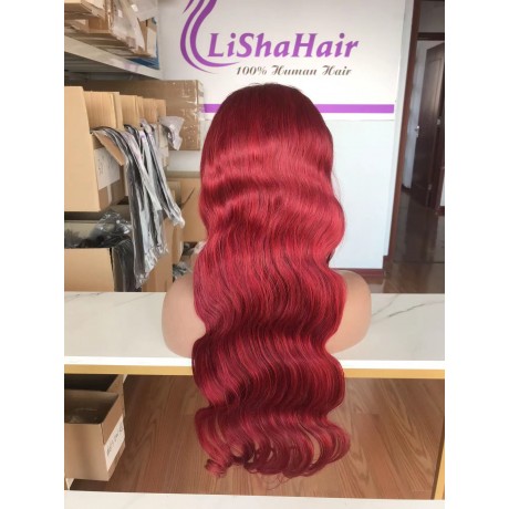 Pre Plucked 99j burgundy color virgin Human Hair 13x4 transparent lace front Wigs body wave 180% density