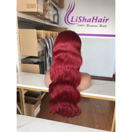 Pre Plucked 99j burgundy color virgin Human Hair 13x4 transparent lace front Wigs body wave 180% density