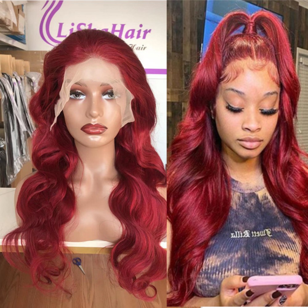 Pre Plucked 99j burgundy color virgin Human Hair 13x4 transparent lace front Wigs body wave 180% density Pre Plucked 99j burgundy color virgin Human Hair 13x4 transparent lace front Wigs body wave 180% density