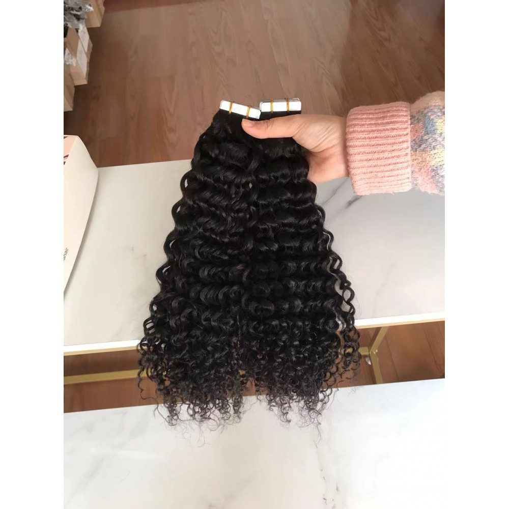 Curly Tape virgin human hair extensions natural black color Curly Tape virgin human hair extensions natural black color