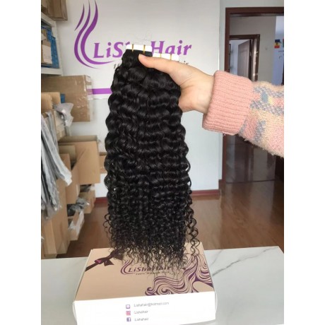 Curly Tape virgin human hair extensions natural black color 