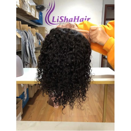 12inch 13x4 transparent lace front wig 180% density water wave bob style preplucked hairline
