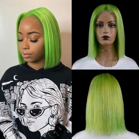 Colored  green colored Virgin Human Hair Silky Straight 180% density transparent Bob Lace Front Wig LS82013