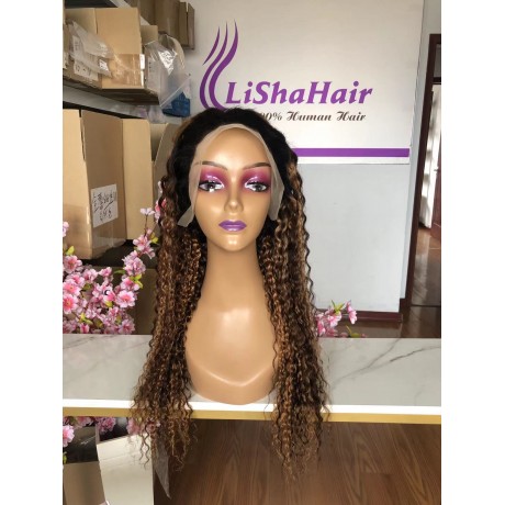 T1b P 4 27 dark roots ombre color highlights virgin brazilian human hair deep curly lace front wig LS10101