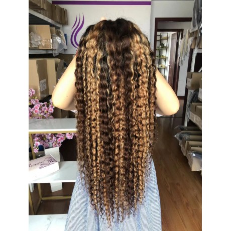 T1b P 4 27 dark roots ombre color highlights virgin brazilian human hair deep curly lace front wig LS10101