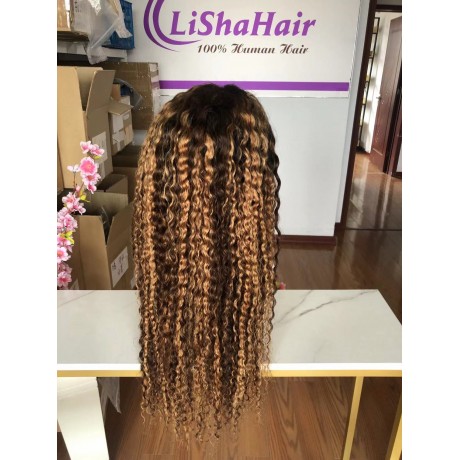 T1b P 4 27 dark roots ombre color highlights virgin brazilian human hair deep curly lace front wig LS10101