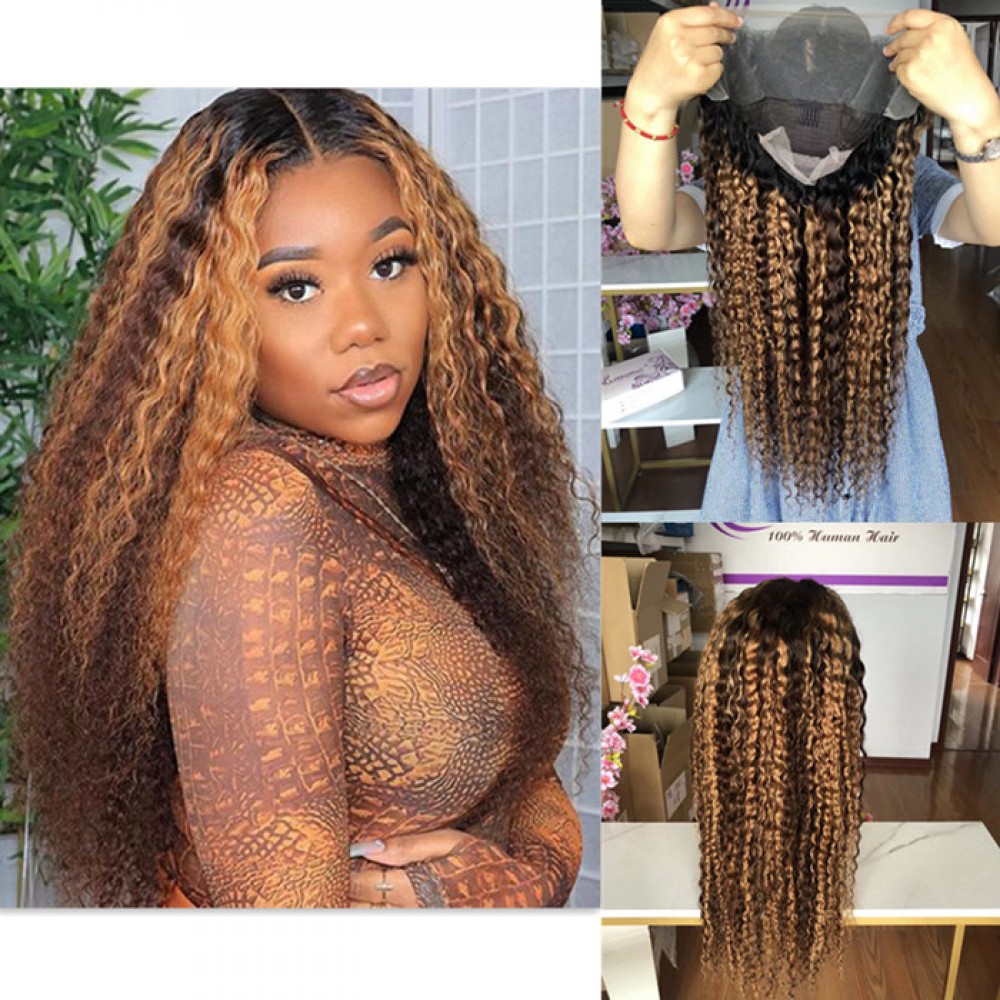 T1b P 4 27 dark roots ombre color highlights virgin brazilian human hair deep curly lace front wig LS10101