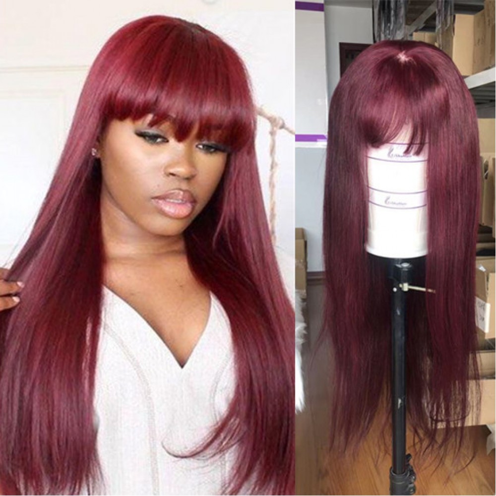 180% density virgin human hair bang straight wig 99j colored hair Pre Plucked Lace Wig With Baby Hair LS8121 180% density virgin human hair bang straight wig 99j colored hair Pre Plucked Lace Wig With Baby Hair LS8121