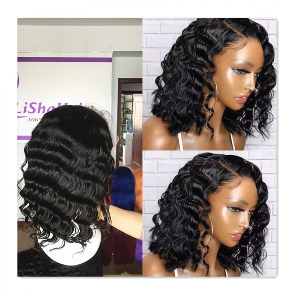 13x4 transparent lace front wig deep wave bob style 12inch long 180% density 13x4 transparent lace front wig deep wave bob style 12inch long 180% density