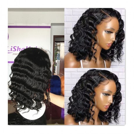 13x4 transparent lace front wig deep wave bob style 12inch long 180% density 