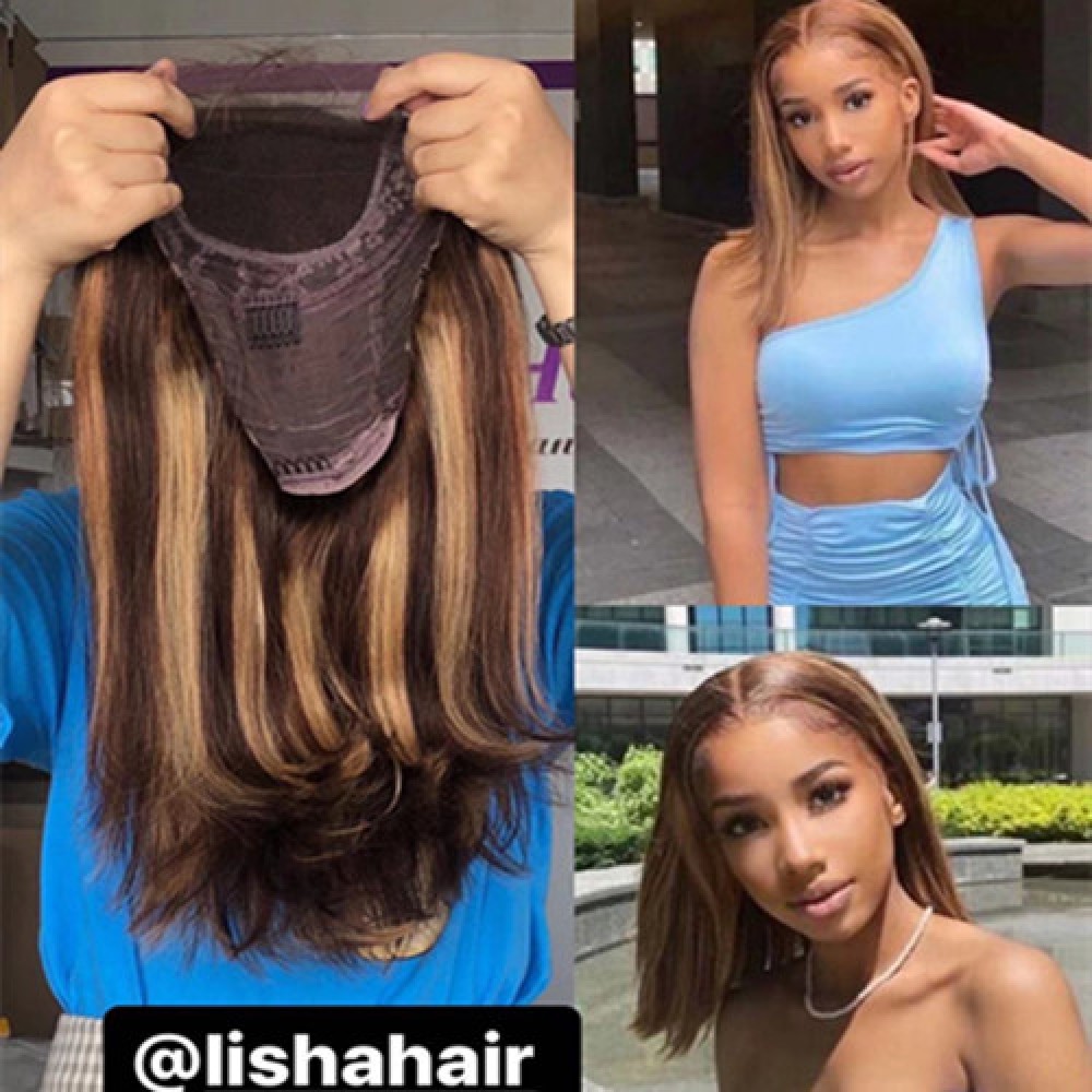 12inch silky straight 4 27 Highlights 4x4 bob human hair transparent lace closure wig 180% density