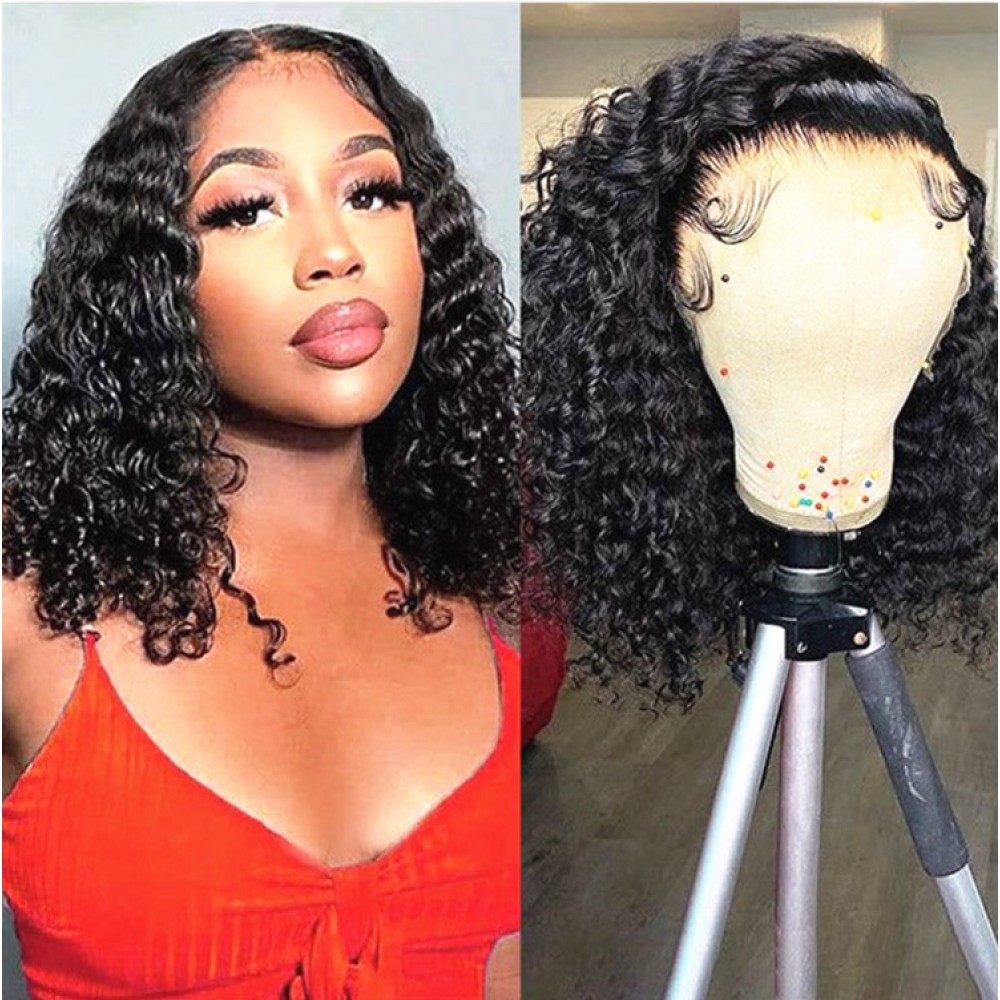 180% density water wave curly bob Lace Front Human Hair Wigs Pre Plucked 13x4 lace front wig 14inch long