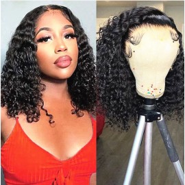 180% density water wave curly bob Lace Front Human Hair Wigs Pre Plucked 13x4 lace front wig 14inch long