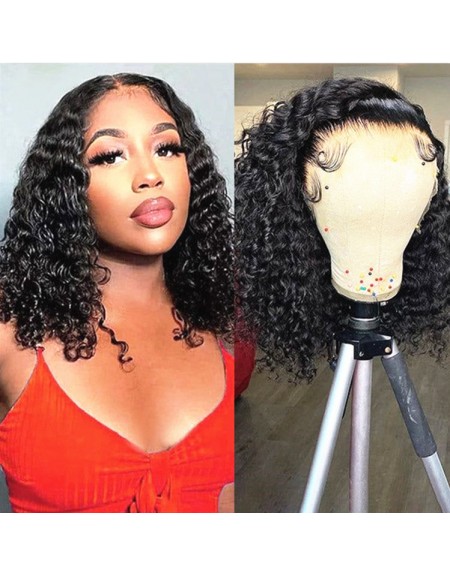 180% density water wave curly bob Lace Front Human Hair Wigs Pre Plucked 13x4 lace front wig 14inch long