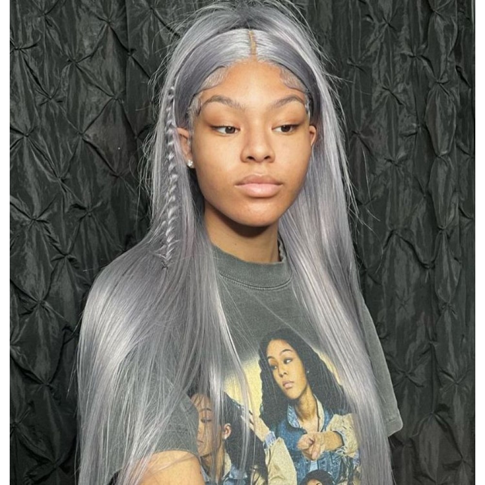 Light grey colored silky straight human hair transparent lace front wig pre plucked hairline 180% density