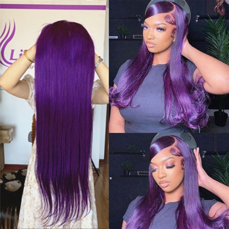 Puple colored silky straight human hair lace front wig pre plucked hairline