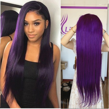 Puple colored silky straight human hair lace front wig pre plucked hairline